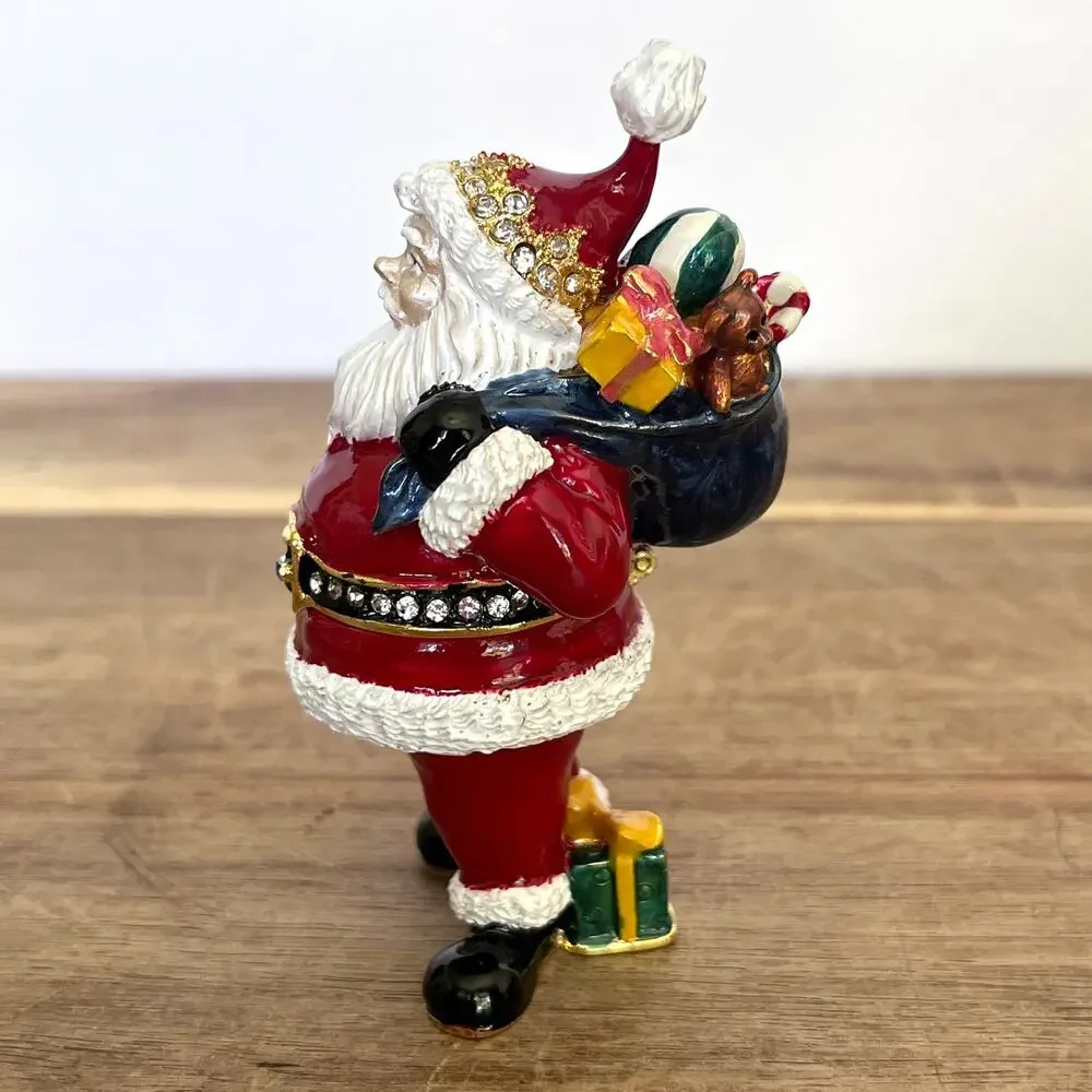 Bejeweled Santa Hinged Metal Enamel Trinket Box Santa Sack Gifts Christmas
